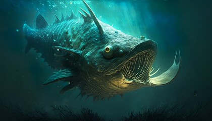 Wall Mural - deep underwater creature, monster dark teeth, mouth aquatic, legend