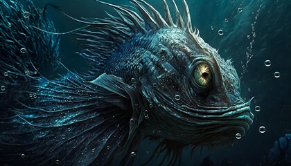 Wall Mural - deep underwater creature, monster dark teeth, mouth aquatic, camouflage