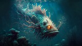 Fototapeta  - deep underwater creature, monster dark teeth, mouth aquatic