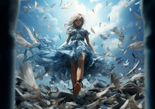 a beautiful girl in a dress runs to the sky in feathers. View from the bottom point.
