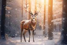 Mystic Christmas Reindeer In Wonderful Winter Forest. Stag Among Snowy Trees On Magical Christmas Evening.