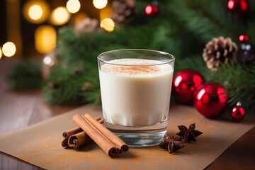 Traditional Christmas drink eggnog with grated nutmeg and cinnamon. Christmas lights in the background.