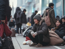 Asian Homeless Man Sits On The Street In A Crowd Of Passersby And Hopes For Help And Money