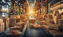 Closeup Of Cristmas Gift Box Packages Seamlessly Moving Along A Conveyor Belt In A Warehouse. Cardboard, Gift, Christmas Light Concept.