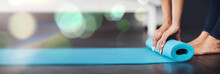 Woman, Hands And Mat On Banner For Yoga, Fitness Or Preparation In Pilates, Zen Or Exercise On Mockup. Closeup Of Female Person Or Yogi On Floor Getting Ready For Wellness, Gym Or Body Health