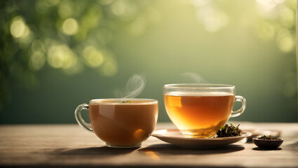 Wall Mural - A tea with glass cup on wooden and peaceful morning scene with isolated in a light color background