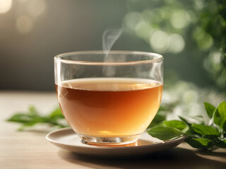 Wall Mural - A tea with glass cup on wooden and peaceful morning scene with isolated in a light color background