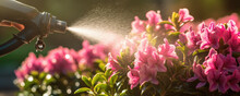 Watering Blooming Rhododendron In The Garden. Pink Rhododendrons Flower Are Poured With Water