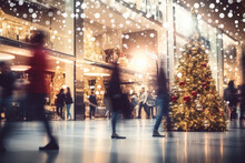Shopping Mall Decorated For Christmas Time. Crowd Of People Looking For Presents And Preparing For The Holidays. Abstract Blurred Defocused Image Background. Christmas Holiday, Xmas Shopping, Sale