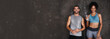 © aLListar/peopleimages.com - Portrait, happy and an interracial couple with a banner for fitness, exercise space and training. Smile, wellness and a man and woman on a mockup wall for sports, water or workout together