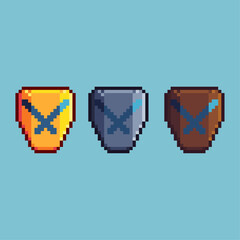 Fototapete - Pixel art sets of disapprove shield with variation color item asset. Simple bits of shield on pixelated style. 8bits perfect for game asset or design asset element for your game design asset.