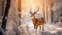Beautiful Christmas Scene With A Deer In A Winter Snowy Forest. AI Generated.