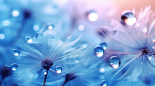 Beautiful Dew Drops On A Dandelion Seed Macro. Beautiful Soft Light Blue And Violet Background. Water Drops On A Parachutes Dandelion On A Beautiful Blue. Soft Dreamy Tender Artistic Image Form