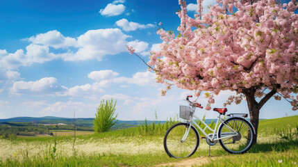 Wall Mural - Beautiful spring summer natural landscape with a bicycle on a flowering meadow against a blue sky with clouds on a bright sunny day.