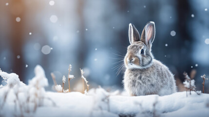 Wall Mural - Cute gray hare in a beautiful snowy winter forest. AI generated.