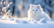 Beautiful White Fluffy Turkish Angora Cat On Snow Background
