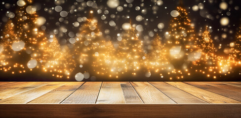 Wall Mural - Festive Christmas golden holiday bokeh background with empty wooden deck table over winter gold illuminated Christmas trees. Ready for product montage