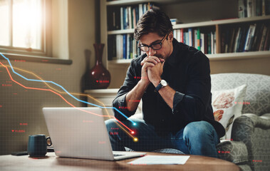 Canvas Print - Man, laptop and trading in remote work, stock market or financial crisis from bad investment on sofa at home. Male person or trader thinking, checking profit or loss on buying and selling stocks