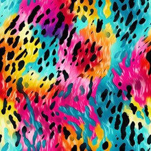 Seamless Psychedelic Rainbow 80s Leopard Print Animal Skin Pattern Background Texture. Trippy Abstract Dopamine Fashion Motif. Bright Colorful Neon Pink, Blue And Yellow Wallpaper. Generative AI