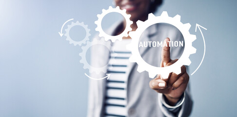 Poster - Gear icon, automation hologram and woman hand touch for digital setting for help and information technology for business. Website, dashboard and application with futuristic data for virtual work