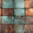 Seamless oxidized copper patina sheet metal wall panel grunge background texture. Vintage antique weathered and worn rusted bronze or brass abstract pattern. Generative AI