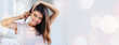© aLListar/peopleimages.com - Portrait, beauty and hair brush with a woman on banner space for natural haircare treatment. Smile, aesthetic and mockup with a happy young person brushing for style during her daily grooming routine