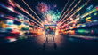 shopping cart in shop alley with colorful, neon, vivid shelvs and exploding fireworks against dark sky. Black Friday, sale promotions concept.