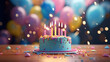 Tarta de cumpleaños color pastel con globos de fondo