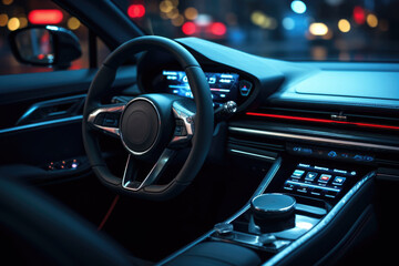 Poster - A detailed close-up of a steering wheel in a car. This image can be used to illustrate concepts related to driving, transportation, automotive industry, or car safety.