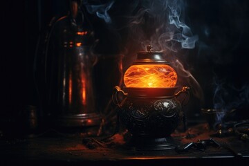 Poster - A lit candle in the dark with smoke gently rising from it. This image can be used to depict solitude, relaxation, meditation, or even a spooky atmosphere.