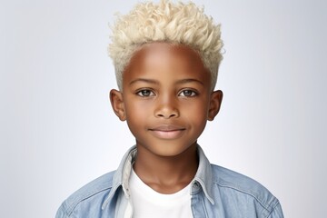 Poster - A young boy with blonde hair wearing a denim jacket. Versatile image suitable for various projects.