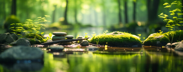 A forest with green trees and flowers in spring, green unspoiled nature concept