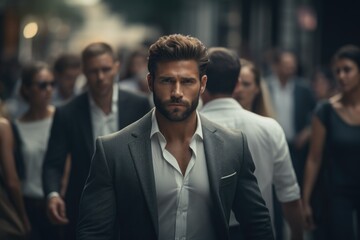 Poster - A man in a suit stands amongst a large crowd of people. This image can be used to depict leadership, individuality, or a professional in a social setting.