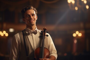 Poster - A man is pictured holding a violin while wearing a stylish bow tie. This image can be used to represent elegance, music, or a formal event.