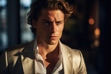 Aufkleber - A man wearing a white shirt and a tan jacket.
