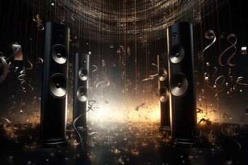Aufkleber - A group of speakers sitting on a table. Can be used for presentations, conferences, or music-related content.