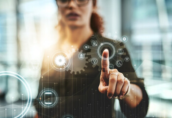 Poster - Gear icon, update hologram and woman hand touch for digital setting for help and information technology for business. Website, dashboard and application with futuristic research and data for work
