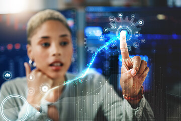 Poster - Hologram, fintech and finger of person for finance analysis, website and fintech mockup. Business, professional and digital technology with overlay for stock market, network and statistics in office