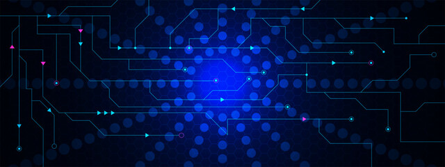 Wall Mural - Abstract futuristic technology with hexagon shapes and circuit board background. Digital telecom, internet connection and communication concept design.