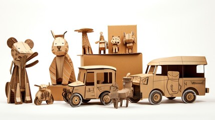 Poster - Assorted homemade cardboard toys on a white backdrop