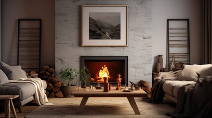 Poster - Modern living room with fireplace wood and frames