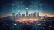 Artificial intelligence interface creatively displayed on Los Angeles skyscrapers Neural networks and machine learning depicted