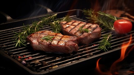 Fototapete - Chef grilling seasoned steak wrapped in bacon