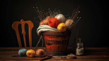 Poster - A soft focus photo of vintage knitting supplies in an old wire basket on a wooden stool