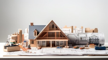 Poster - Architectural model with tools blueprint rolls on desk Building construction and design concept