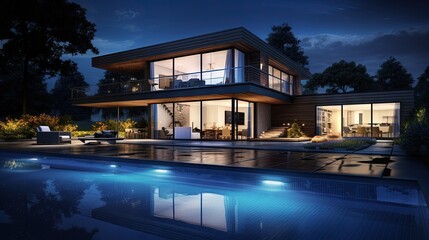 Aufkleber - Contemporary poolside residence after dark
