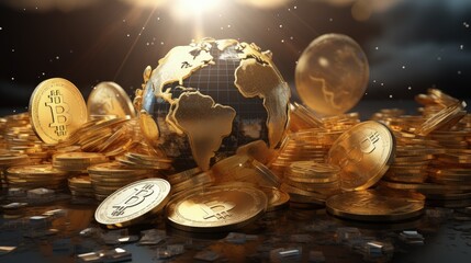 Poster - Illustration depicting Bitcoins and money symbolizing disruption to global economy by cryptocurrencies