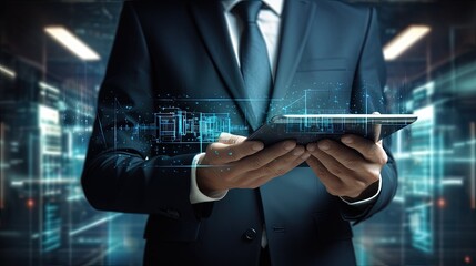 Poster - Digital marketing and technology security in finance and banking involving online shopping and customer network with a businessman using a tablet to access banking data on a network