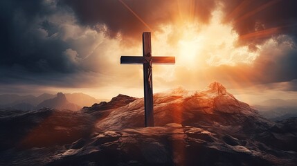 Poster - Christian cross symbolizing Easter and Jesus Christ s resurrection set against a dramatic sunset with dark clouds sunbeams and colorful mountains