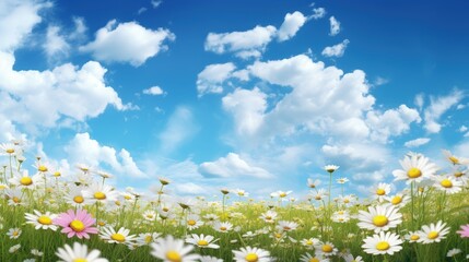 Leinwandbilder - Colorful flower meadow with daisies against blue sky
